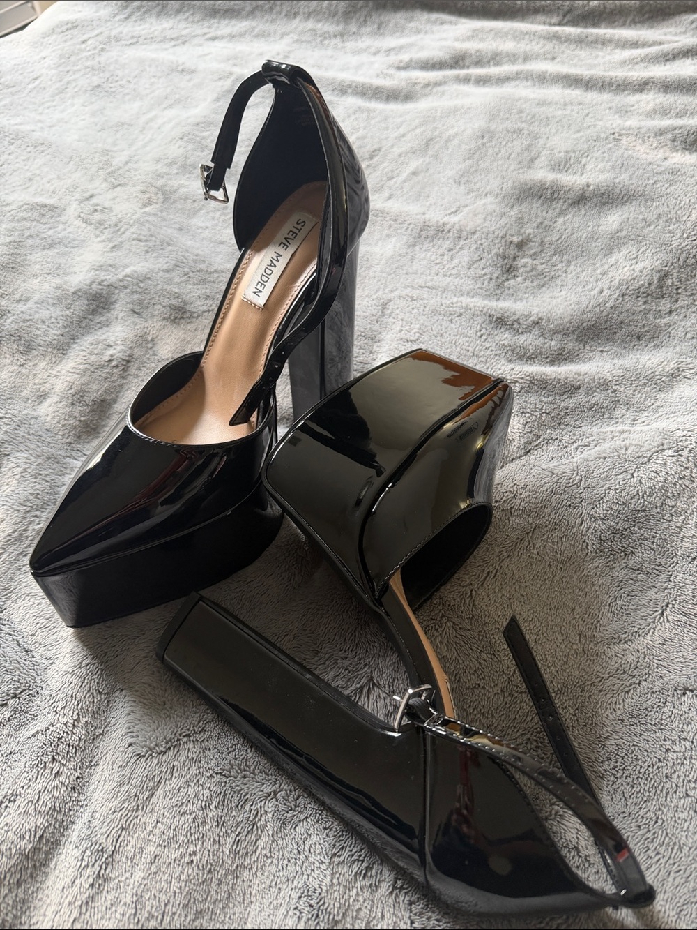 Steve Madden Black Patent Platform Pumps with Ankle Strap - High Block Heel